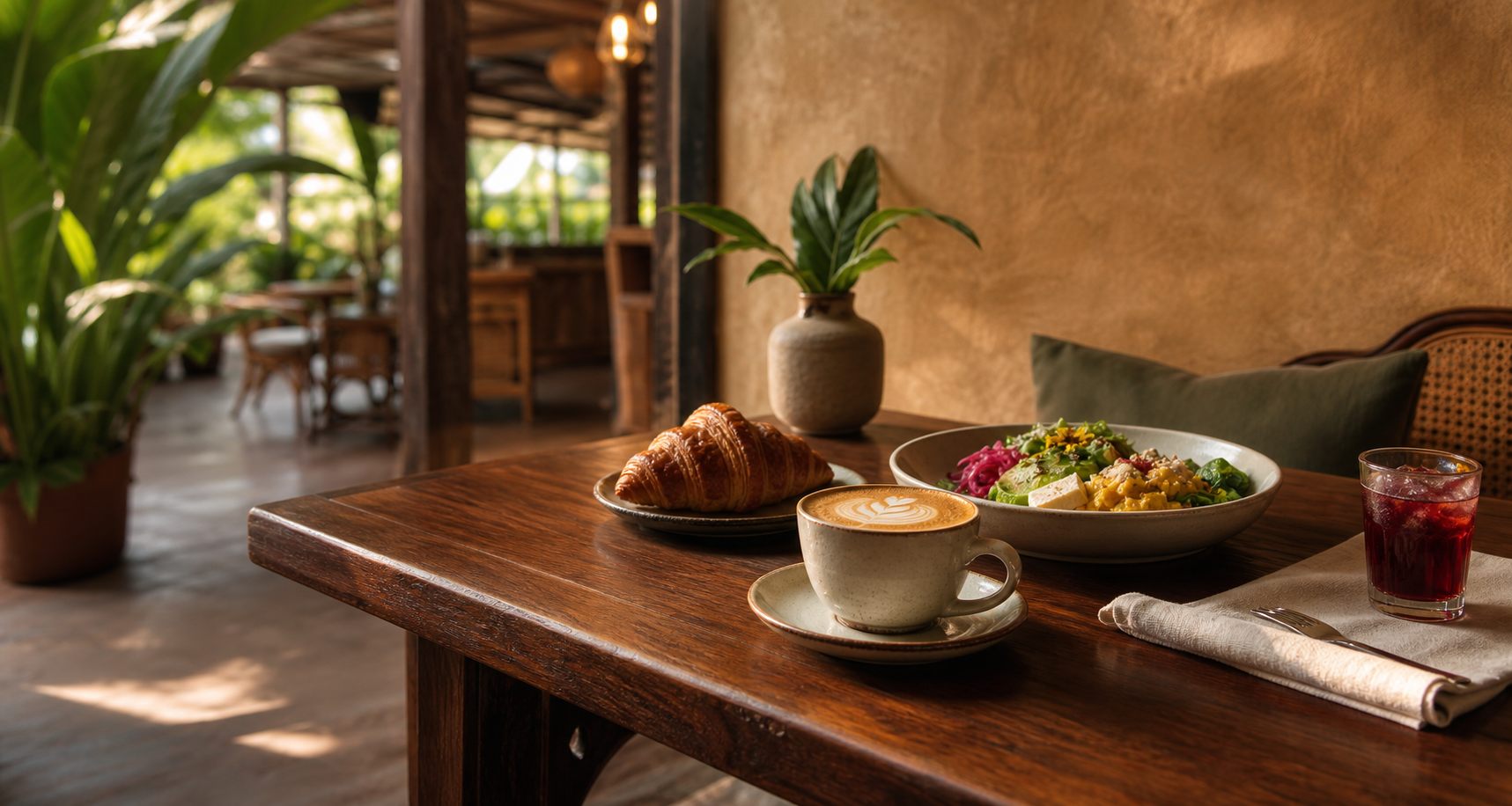 Coffee and brunch on a wooden table in a warm tropical cafe