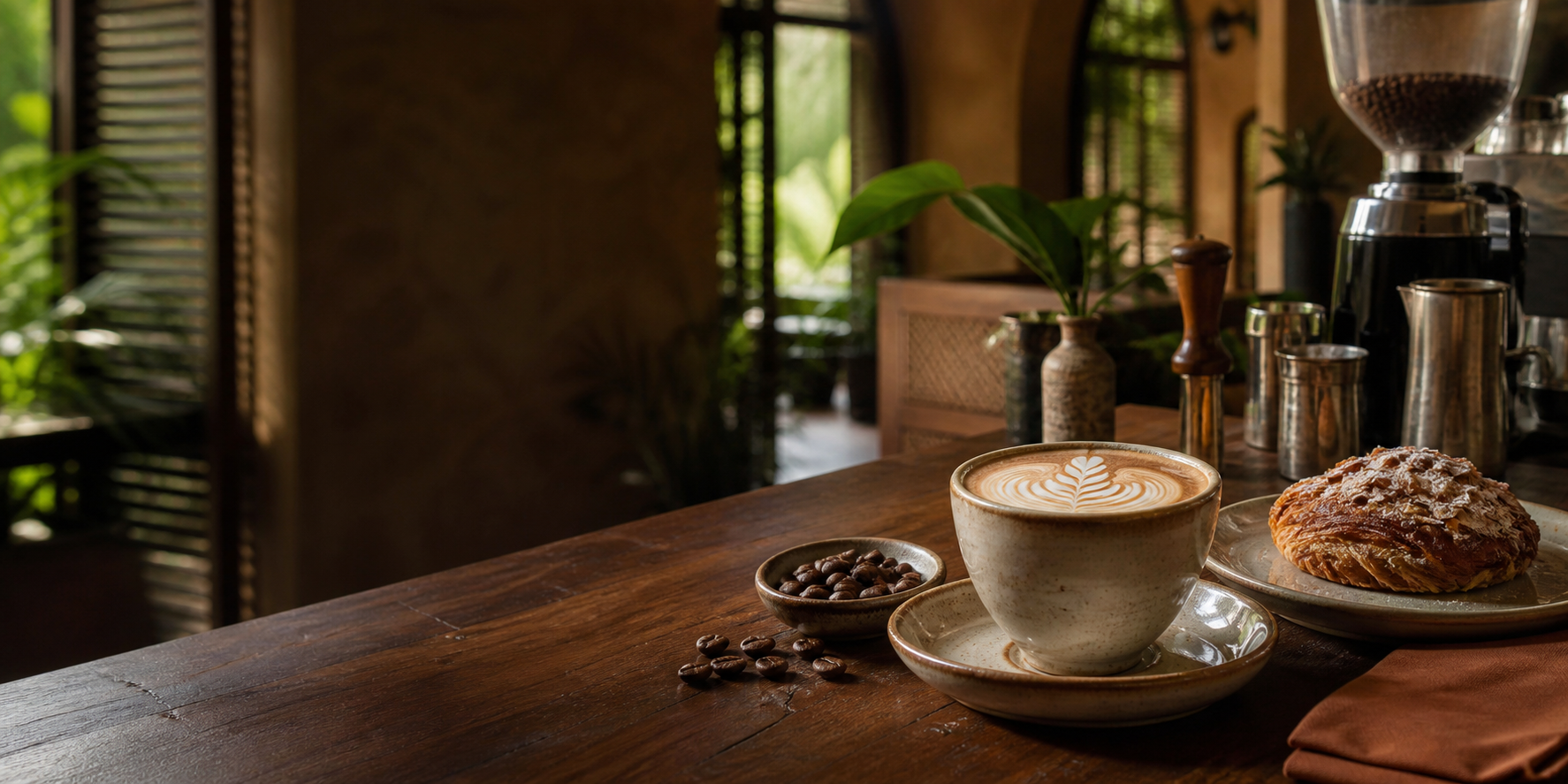 Cappuccino and pastry at a warm tropical coffee bar