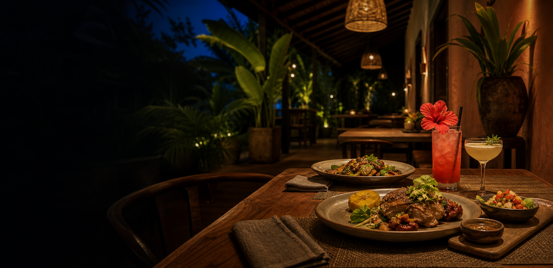 Dinner and drinks on a warmly lit tropical terrace